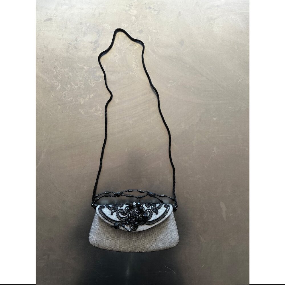 La Regale Silver Evening Bag with Black Bead with long Strap